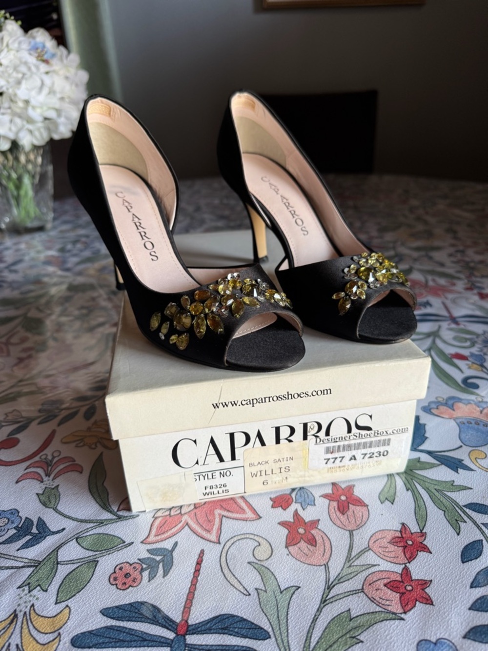 Black satin evening shoes